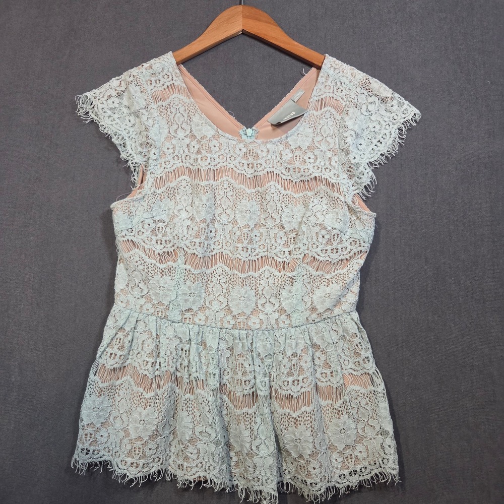 Maeve Peplum Top Womens XS Green Floral Lace Cap Sleeve V-Neck Anthro